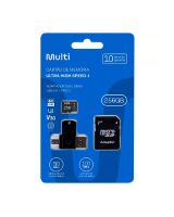 CARTAO DE MEMORIA MICRO SD 256GB 4K V30 MULTILASER CLASSE 10 C/ ADAPTADOR TIPO C E USB MC154